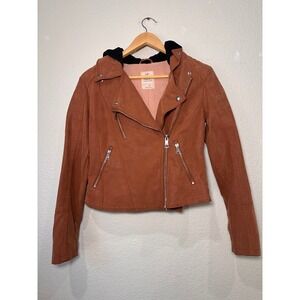 We The Free People Vegan Leather Moto Jacket Brown Hooded Asymmetrical Zip XS